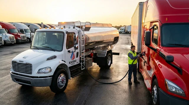 Exigo Fuels fueling a commercial fleet at a depot at dawn Exigo Fuels fueling a commercial fleet at a depot at dawn