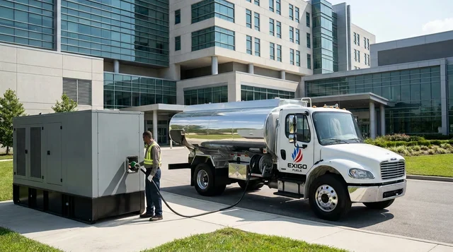 Exigo Fuels refueling a standby generator outside a hospital Exigo Fuels refueling a standby generator outside a hospital